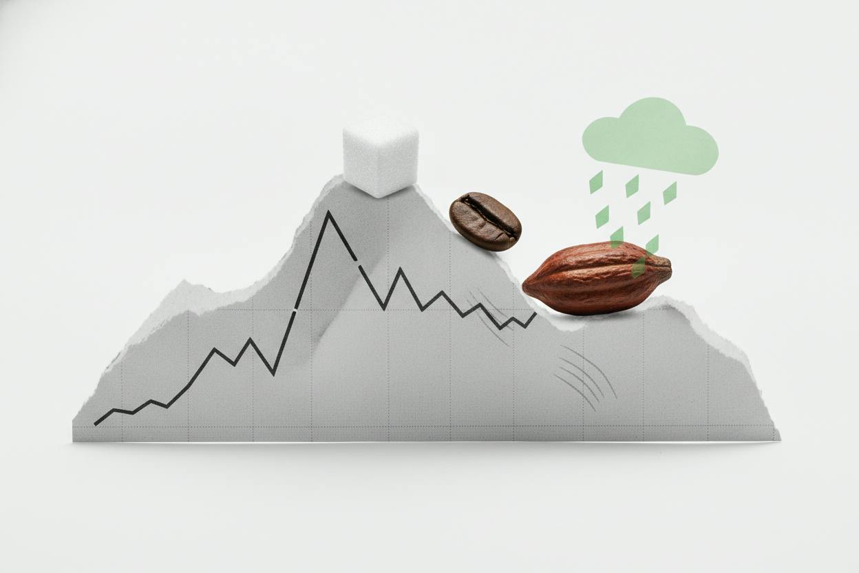 Sugar, coffee, cocoa retreat as rain forecasts and fund buying ease